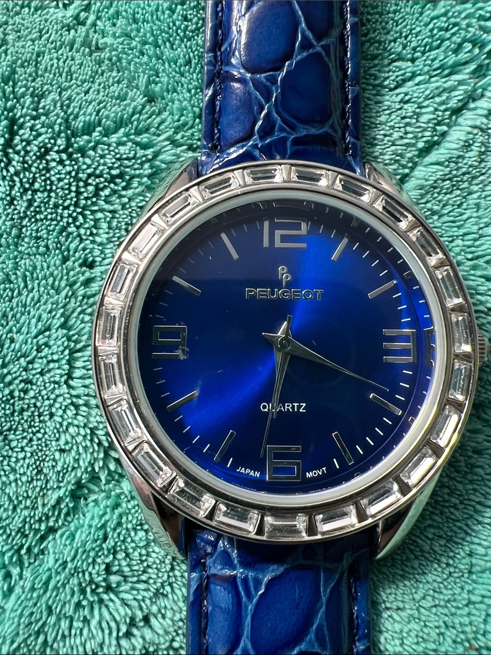 Peugeot Men's Blue Sunburst Dial Quartz Watch with Blue Croc Strap
